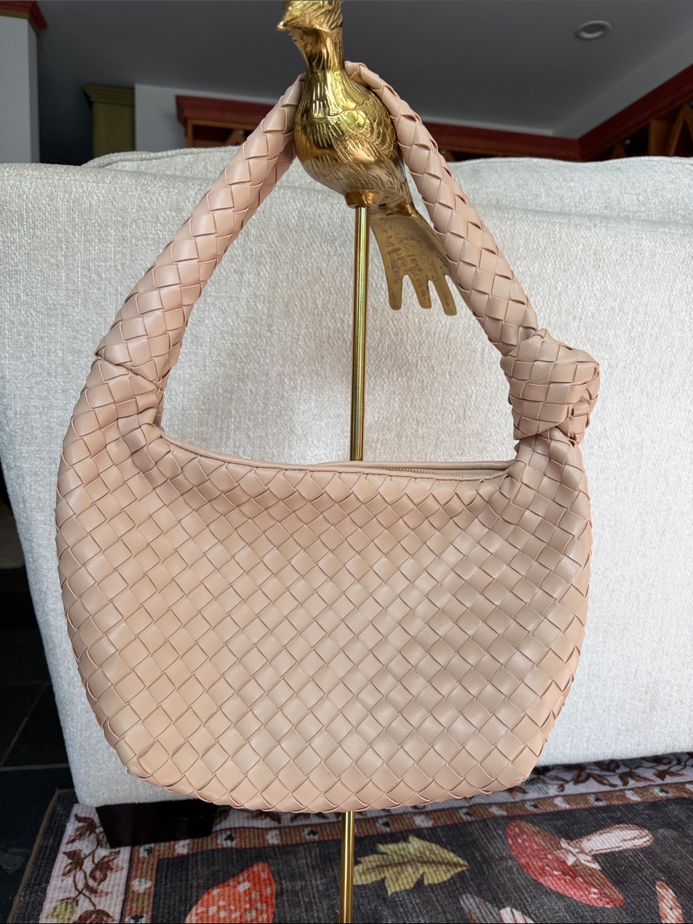 A New Day Taupe Blush Gorgeous Woven Shoulder Hobo Bag Zippered Vegan Leather